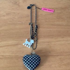 NWT Betsey Johnson huge black and white heart and Poodle multi strand necklace.